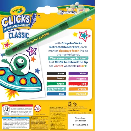 Crayola Clicks Retractable Tip Markers (10ct) – Washable Cone Tip Markers for Kids