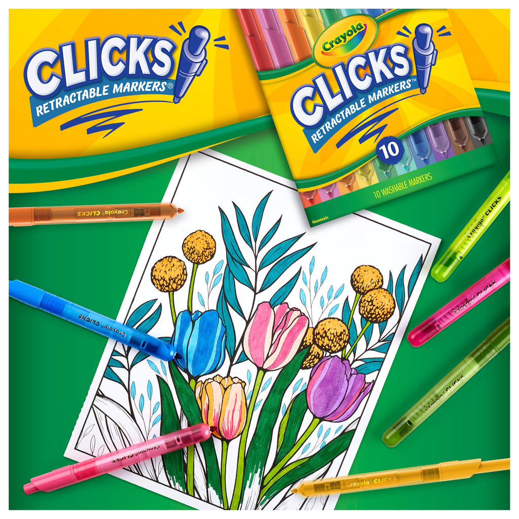 Crayola Clicks Retractable Tip Markers (10ct) – Washable Cone Tip Markers for Kids