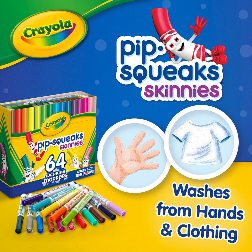 Crayola Pip-Squeaks Skinnies Washable Markers, 64-Count, Mini Size for Small Hands, Nontoxic, Ages 3+