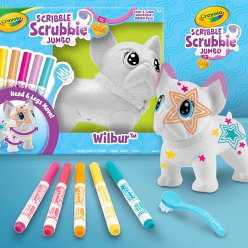 Crayola Scribble Scrubbie Jumbo Pet Wilbur – 6-Inch Poseable French Bulldog with 5 Washable Markers