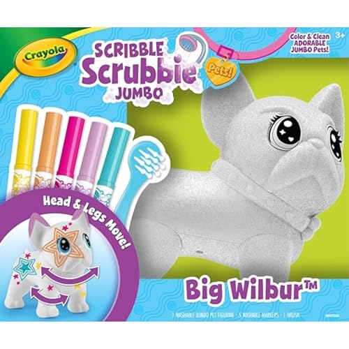 Crayola Scribble Scrubbie Jumbo Pet Wilbur – 6-Inch Poseable French Bulldog with 5 Washable Markers