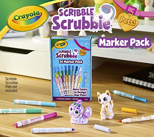 Crayola Scribble Scrubbie Pets Marker Refill & Expansion Set: 24 Washable Markers + 2 Scrub Brushes (Amazon Exclusive)