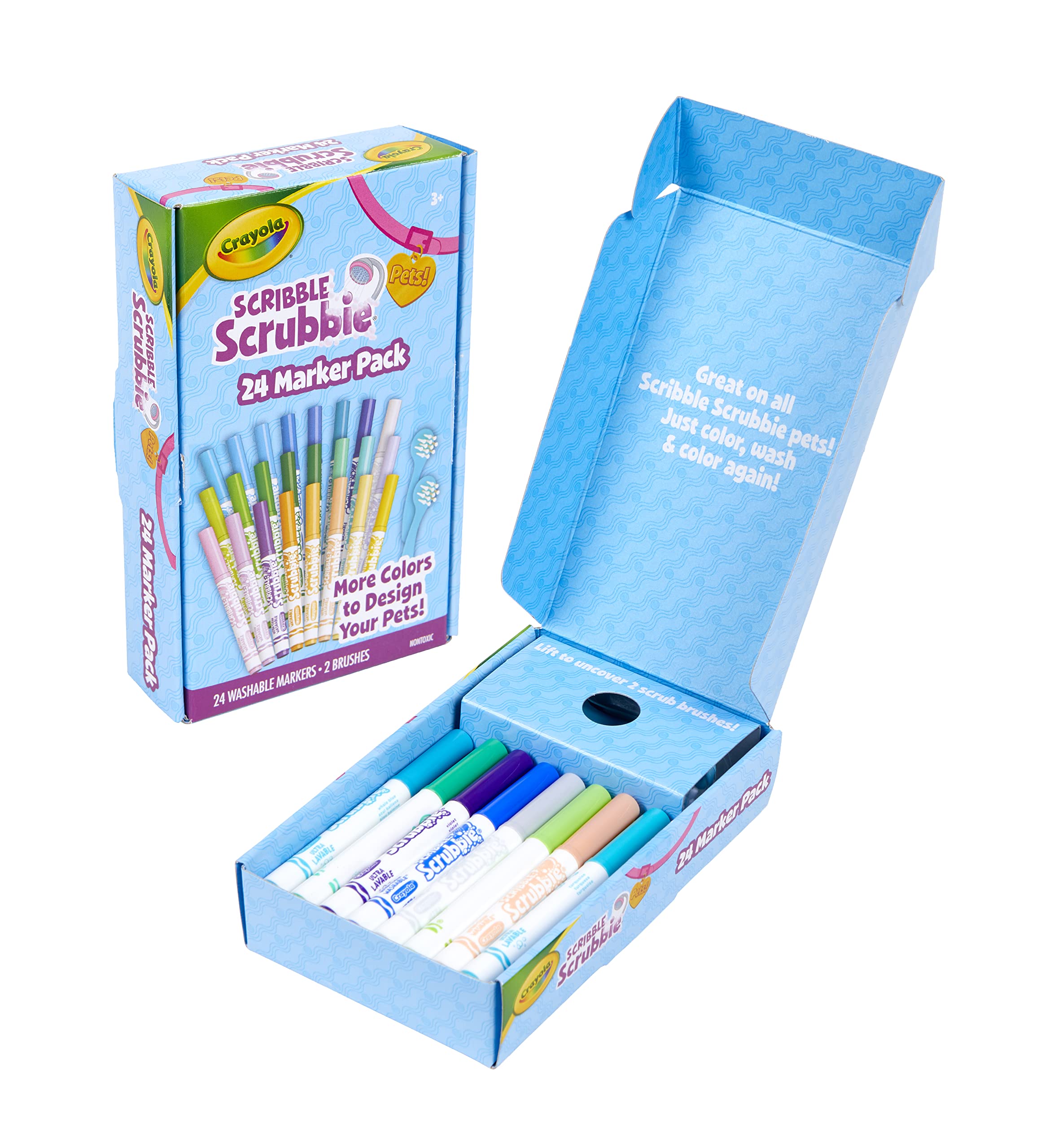 Crayola Scribble Scrubbie Pets Marker Refill & Expansion Set: 24 Washable Markers + 2 Scrub Brushes (Amazon Exclusive)