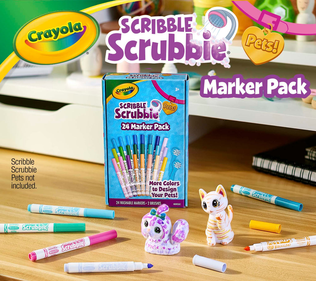 Crayola Scribble Scrubbie Pets Marker Refill & Expansion Set: 24 Washable Markers + 2 Scrub Brushes (Amazon Exclusive)