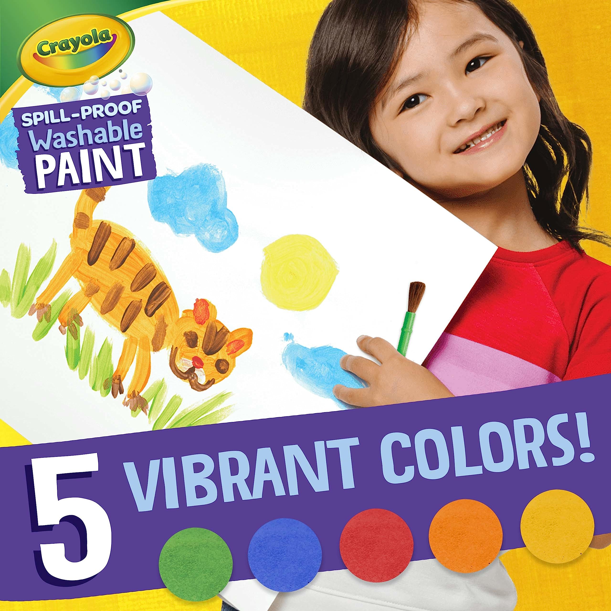 Crayola Spill Proof Paint Set for Kids – Washable, Mess-Free Painting with 5 Paints, Brush & Paper