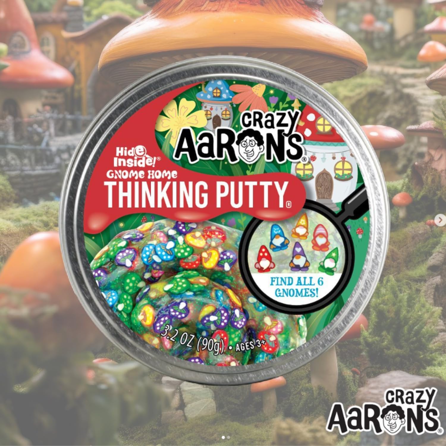 Crazy Aaron's Gnome Home Thinking Putty – Clear Putty with Mushroom Pieces & 6 Hidden Gnomes, 4-Inch Tin