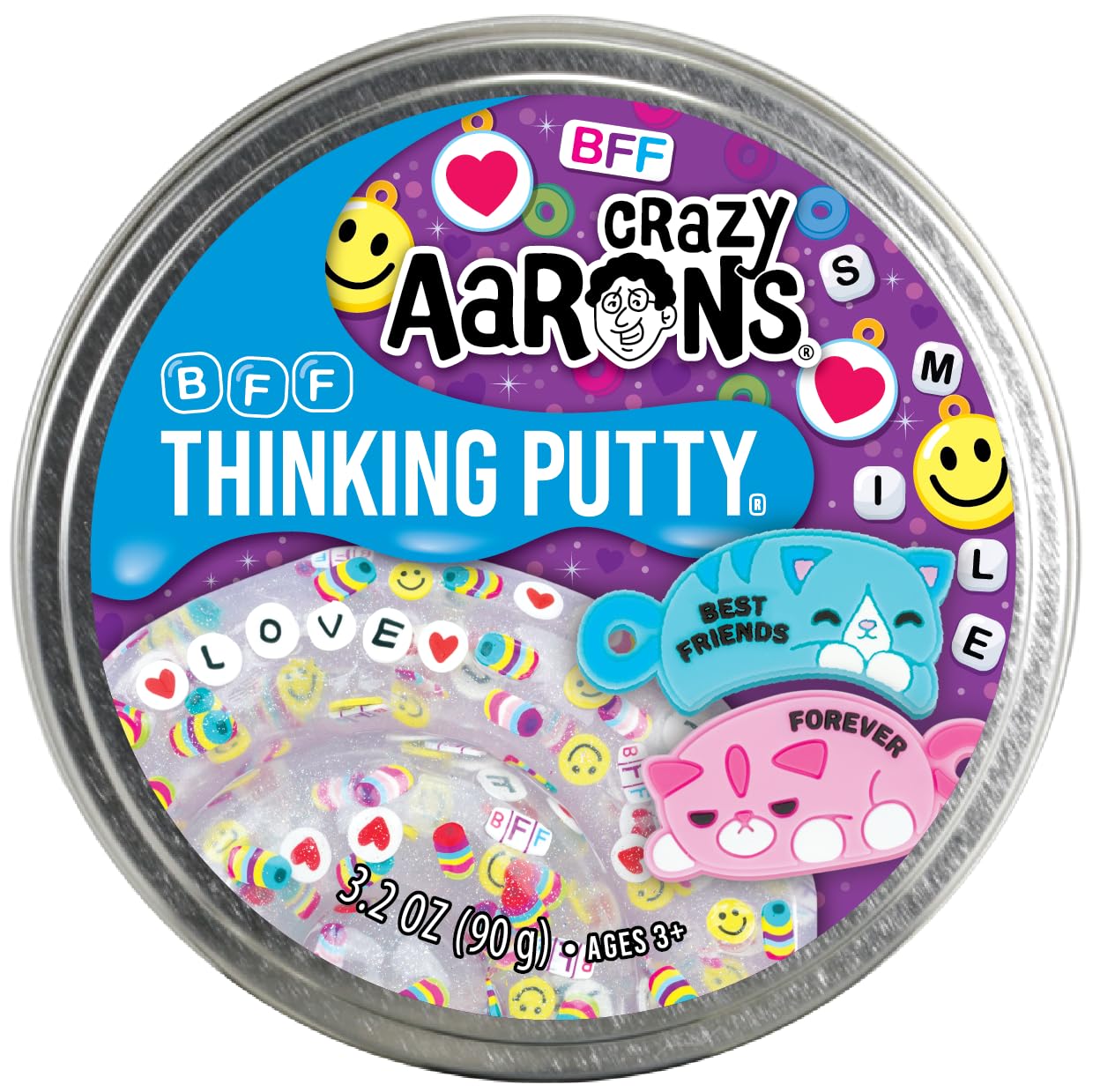 Crazy Aaron's Thinking Putty BFF – Clear Sensory Putty with Cat Charms and Clay Accents, 4-Inch Tin (3.2 oz), Never Dries Out, Made in USA