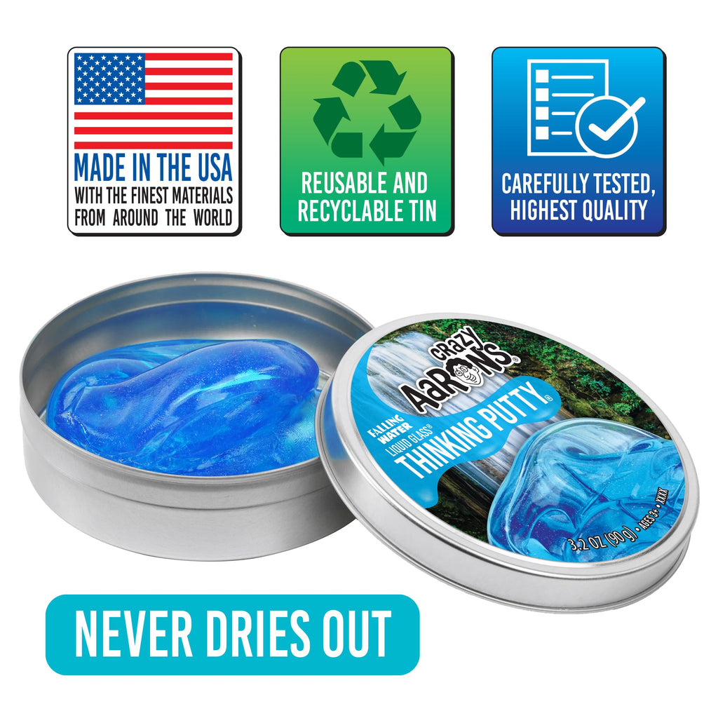 Crazy Aaron's Thinking Putty Falling Water – 4" Tin, 90g Transparent Silicone Putty, Non-Sticky, Made in USA