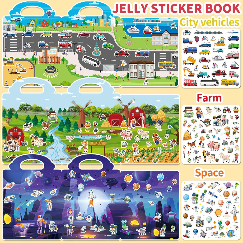 CREATIVETREES 6-Pack Reusable Jelly Sticker Books for Toddlers Ages 3-6 – Silicone, Waterproof, Travel Activity Toys with 6 Themes