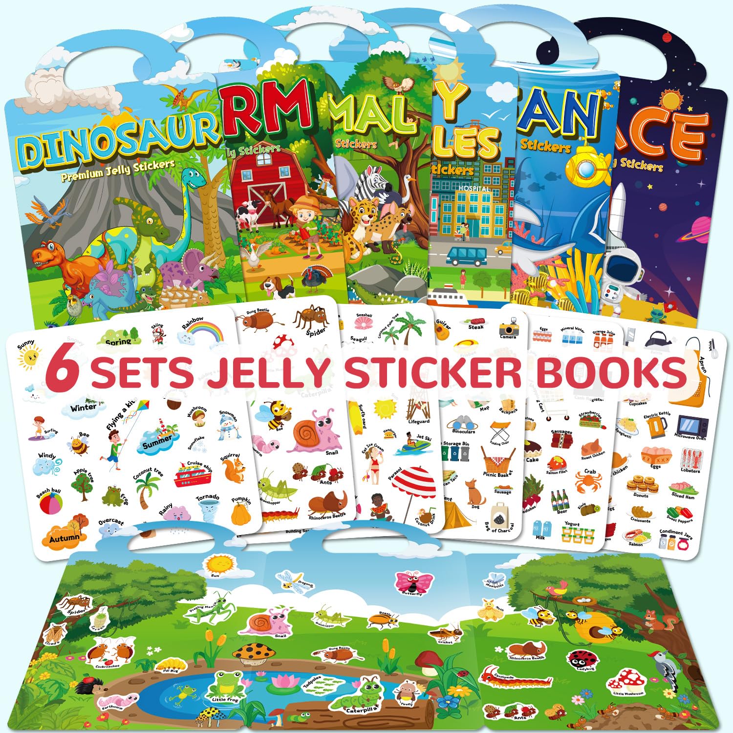CREATIVETREES 6-Pack Reusable Jelly Sticker Books for Toddlers Ages 3-6 – Silicone, Waterproof, Travel Activity Toys with 6 Themes