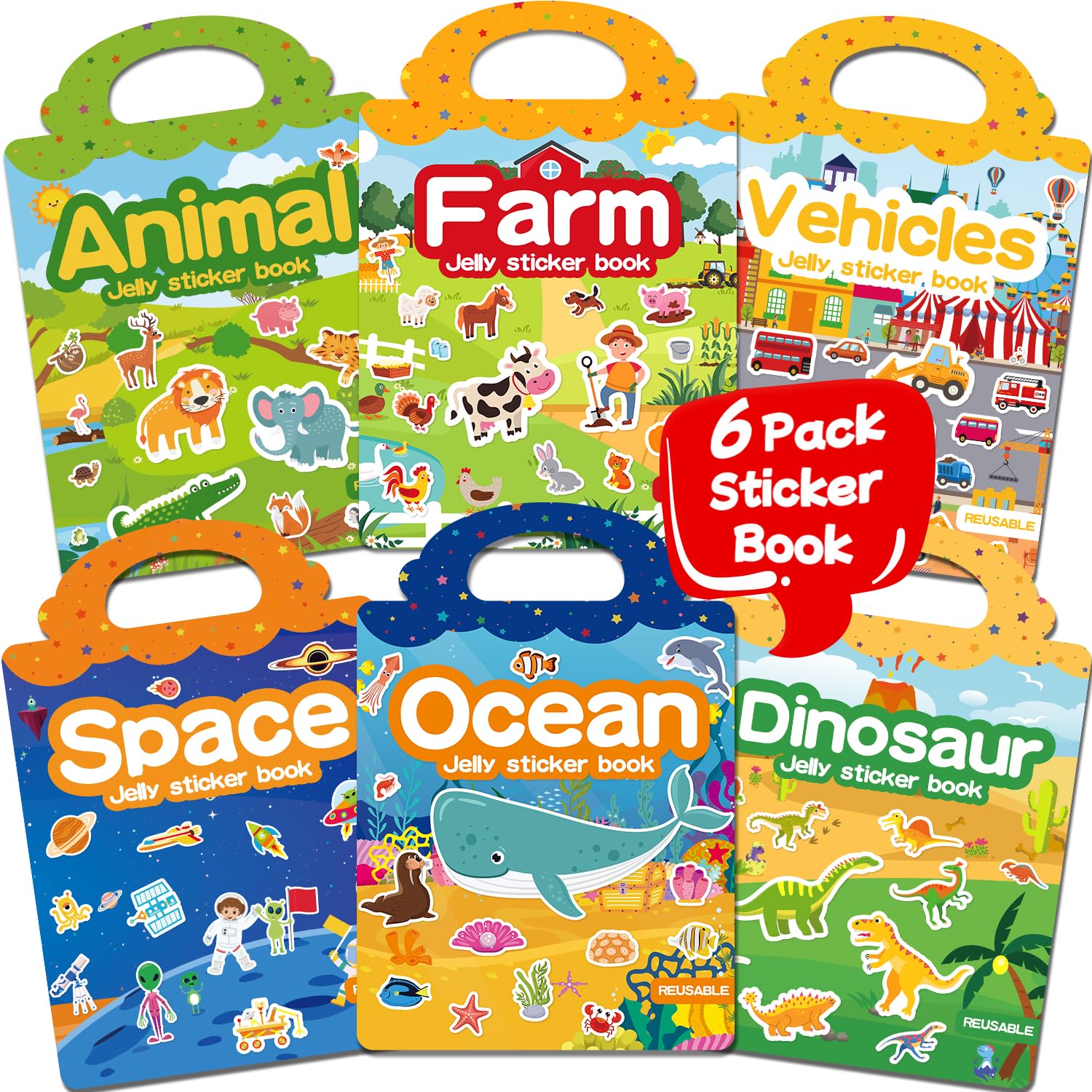 CREATIVETREES Reusable Jelly Sticker Book for Toddlers 3-6 - 6 Themes Silicone Stickers, Washable & Portable Activity Toy for Kids