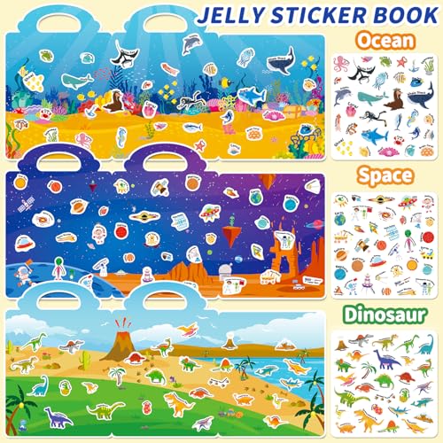 CREATIVETREES Reusable Jelly Sticker Book for Toddlers 3-6 - 6 Themes Silicone Stickers, Washable & Portable Activity Toy for Kids