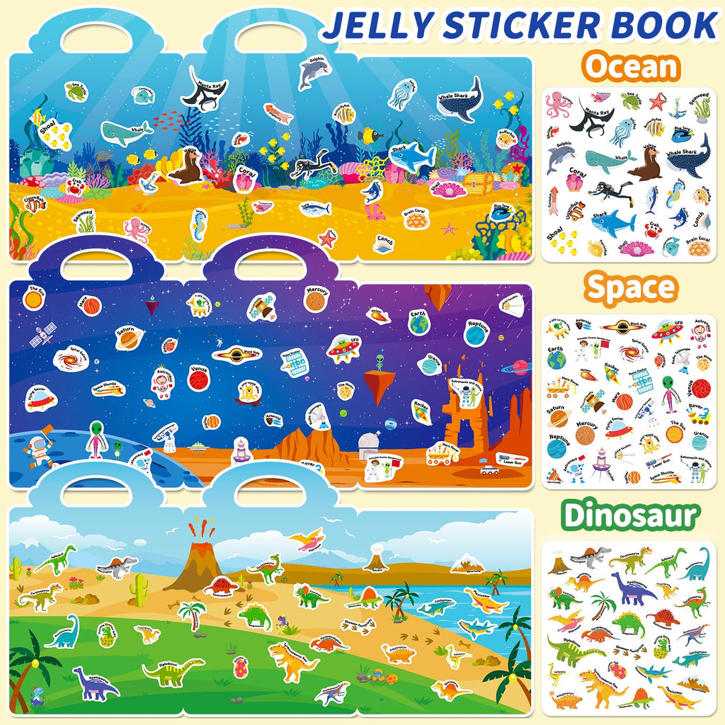 CREATIVETREES Reusable Jelly Sticker Book for Toddlers 3-6 - 6 Themes Silicone Stickers, Washable & Portable Activity Toy for Kids
