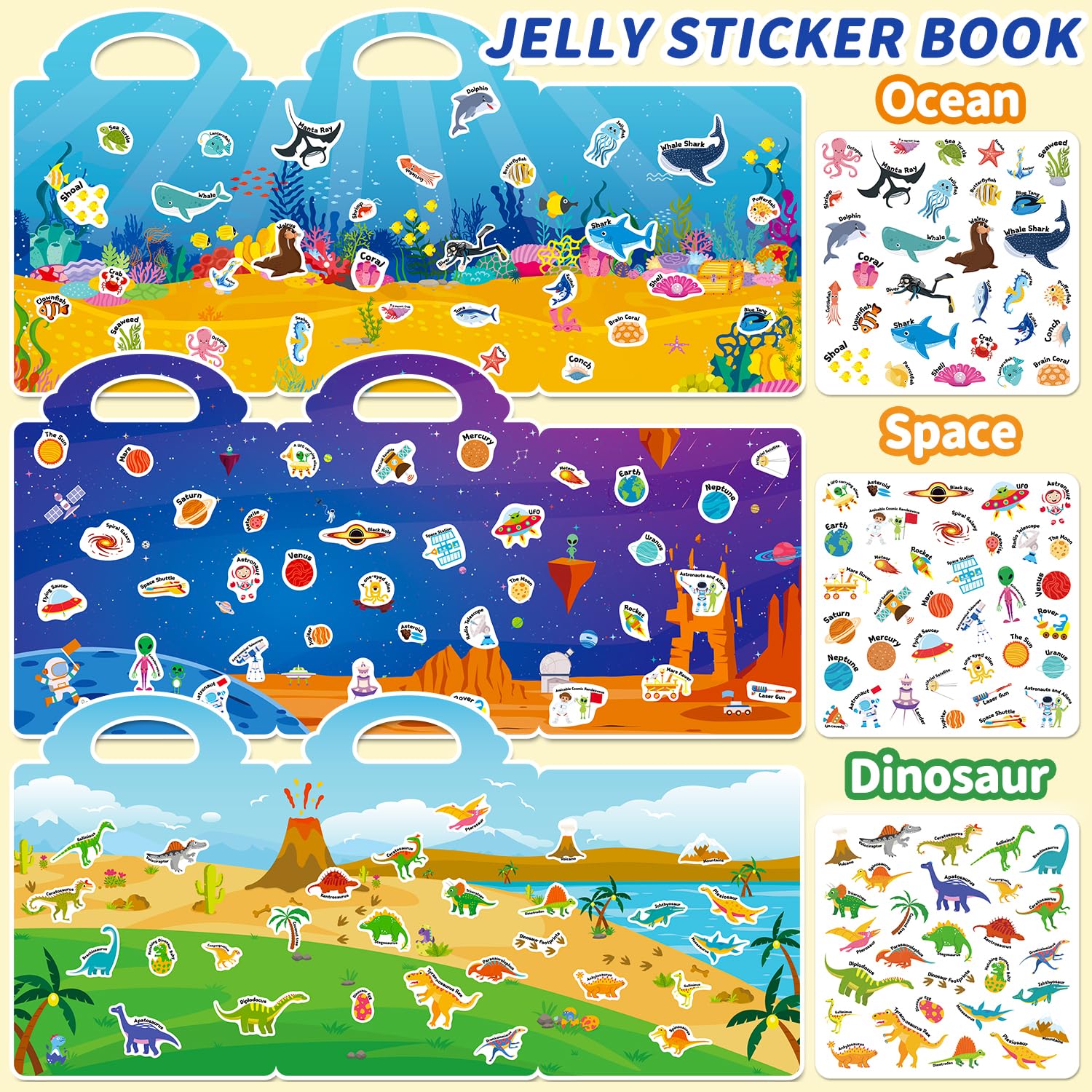 CREATIVETREES Reusable Jelly Sticker Book for Toddlers 3-6 - 6 Themes Silicone Stickers, Washable & Portable Activity Toy for Kids