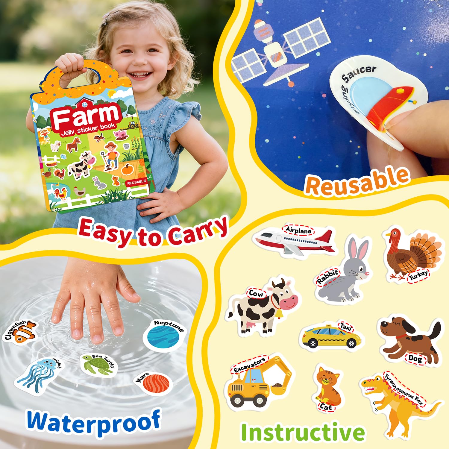 CREATIVETREES Reusable Jelly Sticker Book for Toddlers 3-6 - 6 Themes Silicone Stickers, Washable & Portable Activity Toy for Kids