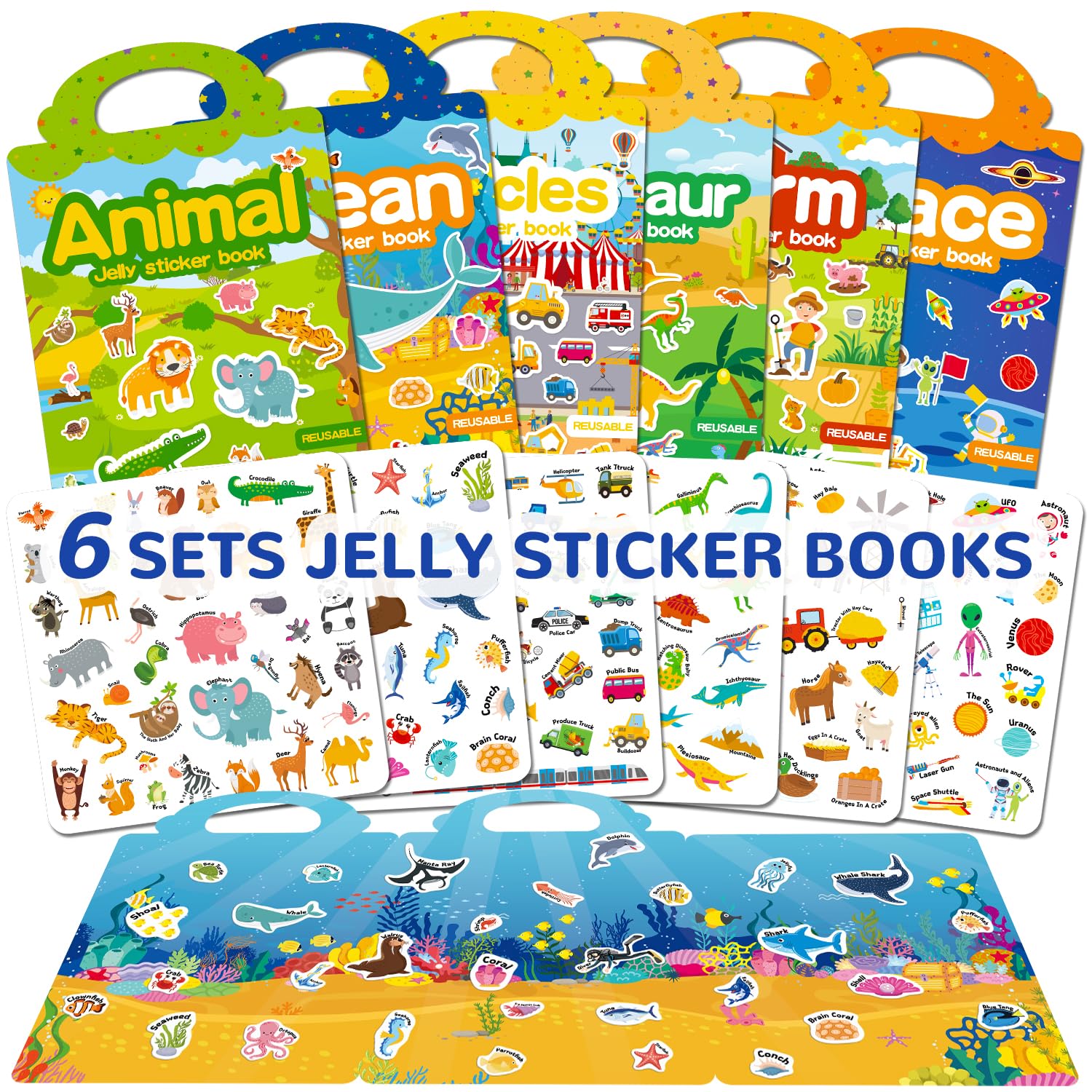 CREATIVETREES Reusable Jelly Sticker Book for Toddlers 3-6 - 6 Themes Silicone Stickers, Washable & Portable Activity Toy for Kids