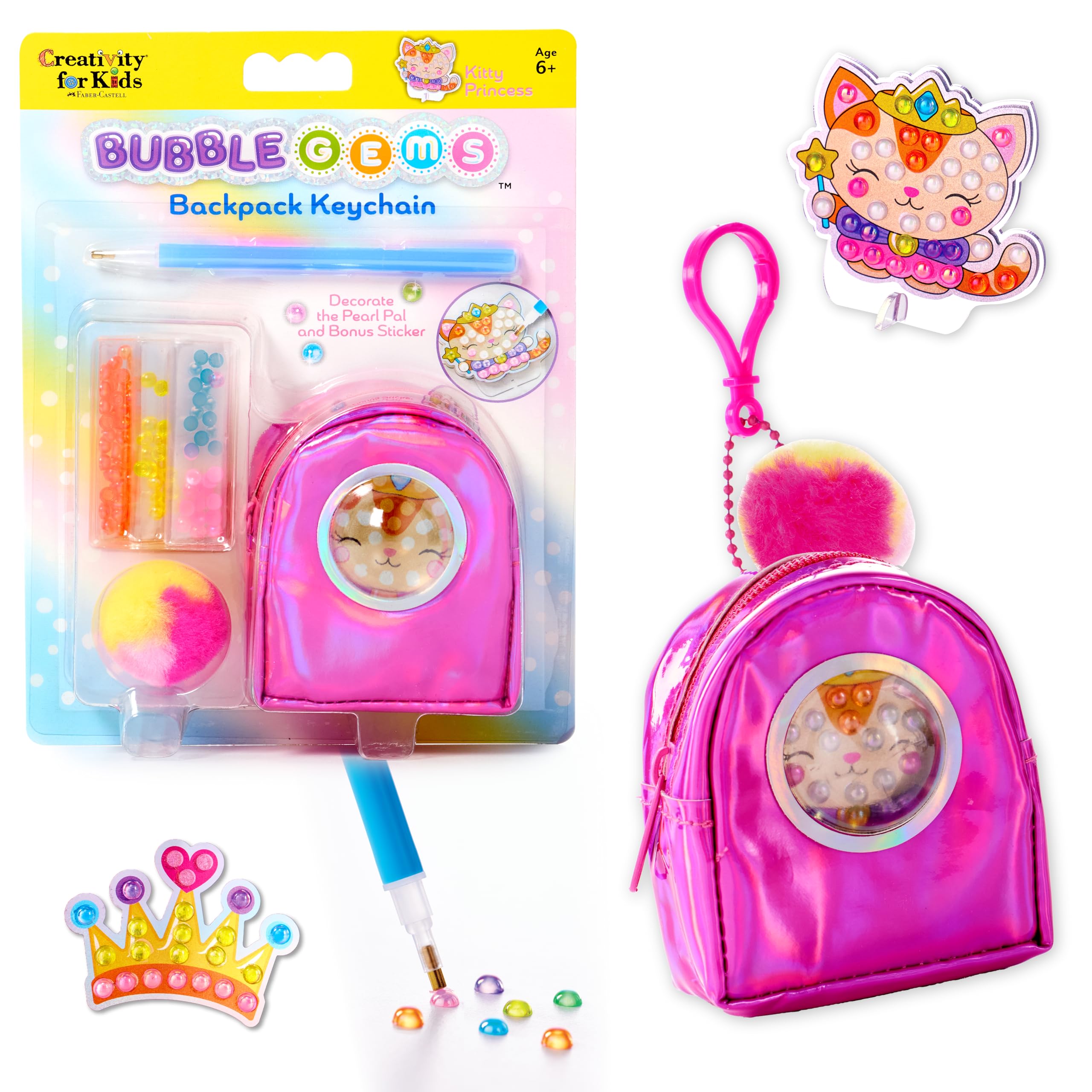 Creativity for Kids Bubble Gems Backpack Keychain: Diamond Painting Kit with Kitty Princess Pearl Pal for Ages 6+