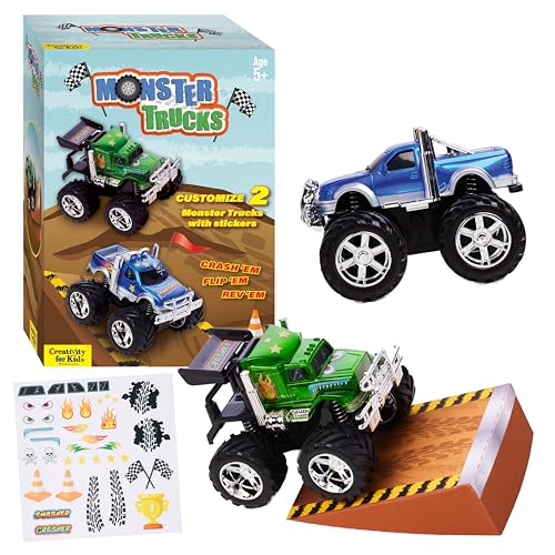 Creativity for Kids Monster Trucks Craft Kit – Customize 2 Pull-Back Toy Trucks with Stickers and Ramp, Ages 5-8