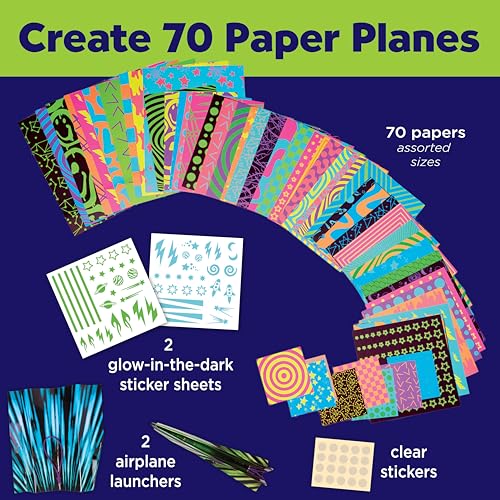 Creativity for Kids Paper Airplane Kit: 70 Planes, 2 Launchers, Glow-in-Dark Stickers for Ages 6+