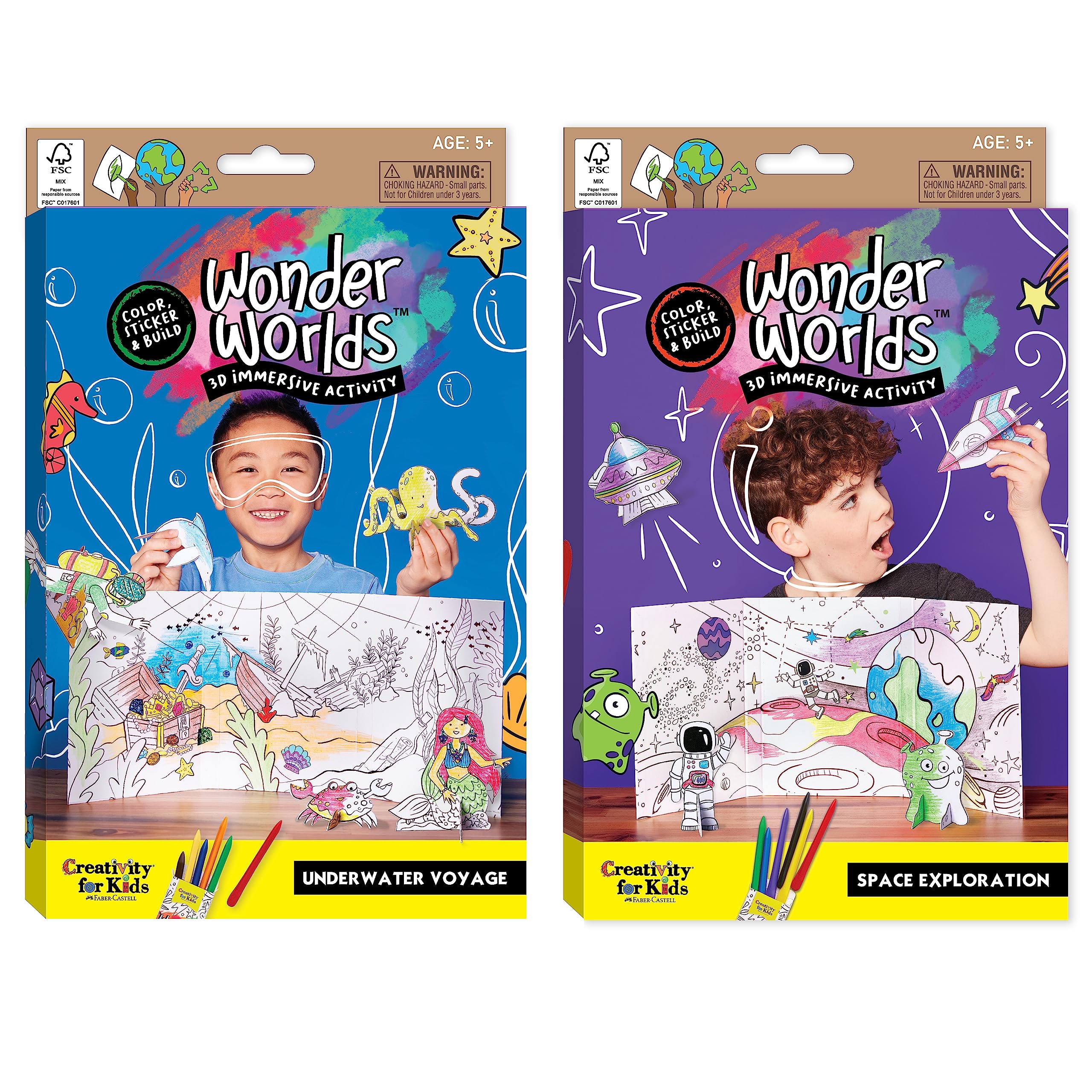 Creativity for Kids Wonder Worlds 3D Coloring Craft Kit 2 Pack - Outer Space & Underwater Voyage for Ages 5+