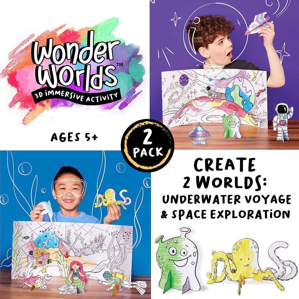 Creativity for Kids Wonder Worlds 3D Coloring Craft Kit 2 Pack - Outer Space & Underwater Voyage for Ages 5+