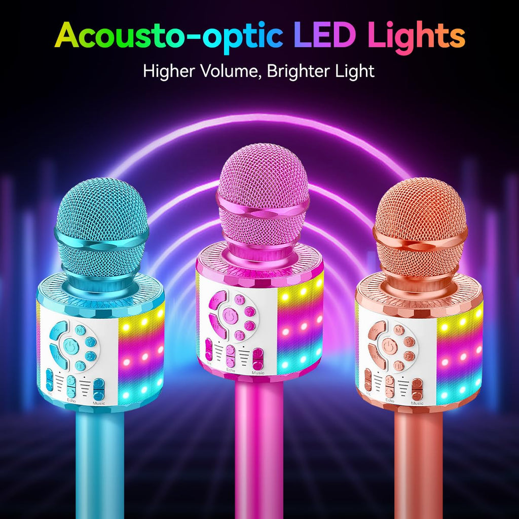 Creattop Rose Gold Kids Karaoke Microphone with Bluetooth 5.3, LED Lights, Voice Changer, 6-Hour Battery, Gift for Ages 3-12