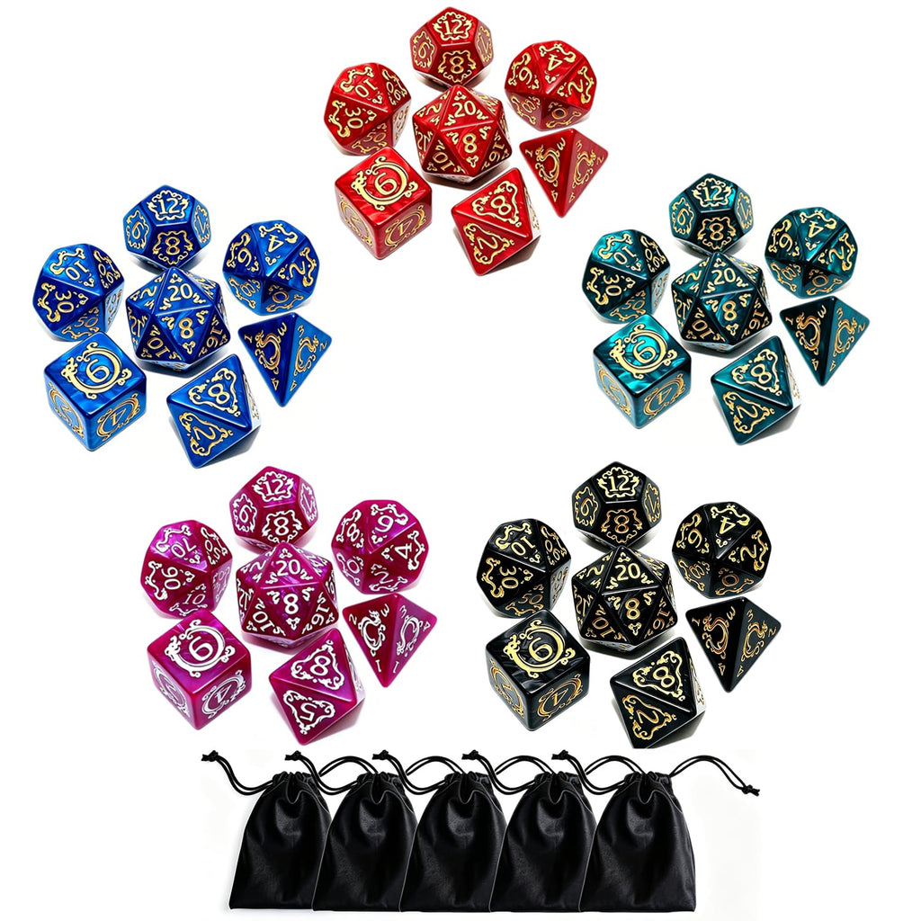CREEBUY 5 Pack Polyhedral DND Dice Set - 35 Vintage Dragon-Patterned Acrylic Dice (D4-D20) with Pouch