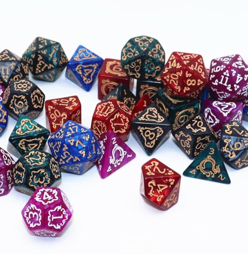 CREEBUY 5 Pack Polyhedral DND Dice Set - 35 Vintage Dragon-Patterned Acrylic Dice (D4-D20) with Pouch