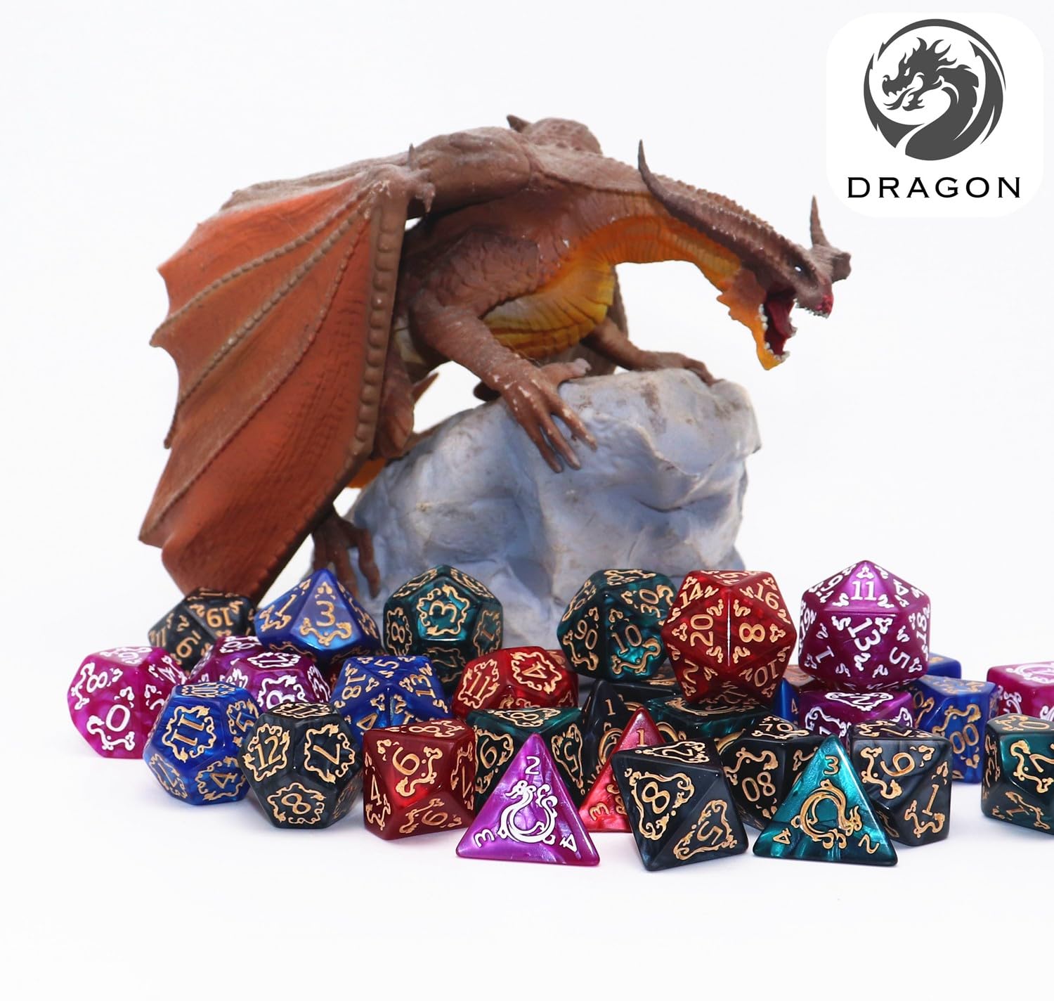 CREEBUY 5 Pack Polyhedral DND Dice Set - 35 Vintage Dragon-Patterned Acrylic Dice (D4-D20) with Pouch
