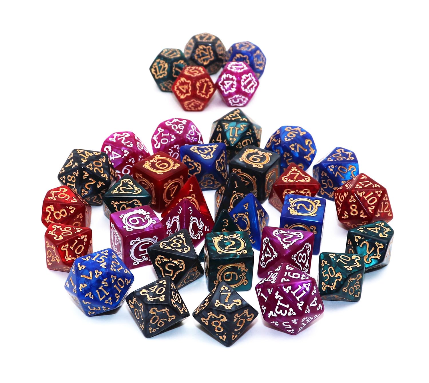 CREEBUY 5 Pack Polyhedral DND Dice Set - 35 Vintage Dragon-Patterned Acrylic Dice (D4-D20) with Pouch