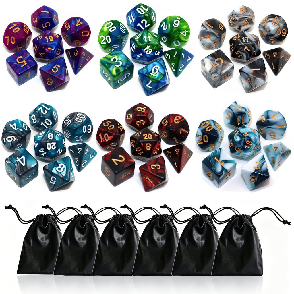 CREEBUY 6-Pack Polyhedral Dice Set – 42 Acrylic D&D Dice with Gold Numbers and Storage Bags