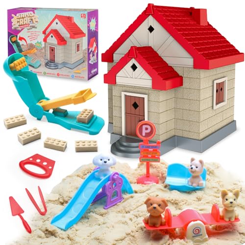 Crelloci Construction Sand Toy Set: 1.7 lbs Magic Sand, House Molds, & Dog Play Set for Ages 3-8