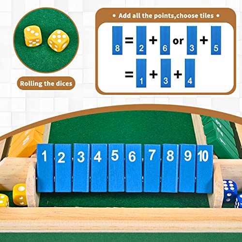 CRETVIS 4-Player Wooden Shut the Box Dice Game - 10 Numbers, 8 Dice