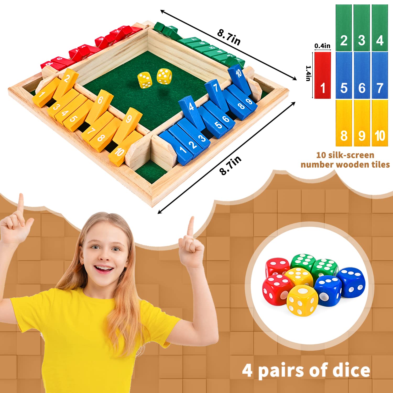 CRETVIS 4-Player Wooden Shut the Box Dice Game - 10 Numbers, 8 Dice