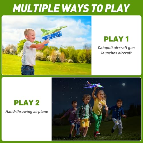 CRILARY 3-Pack Airplane Launcher Toys – 13.2-Inch LED F-15 Fighter Jets & Glider for Kids Ages 4-12