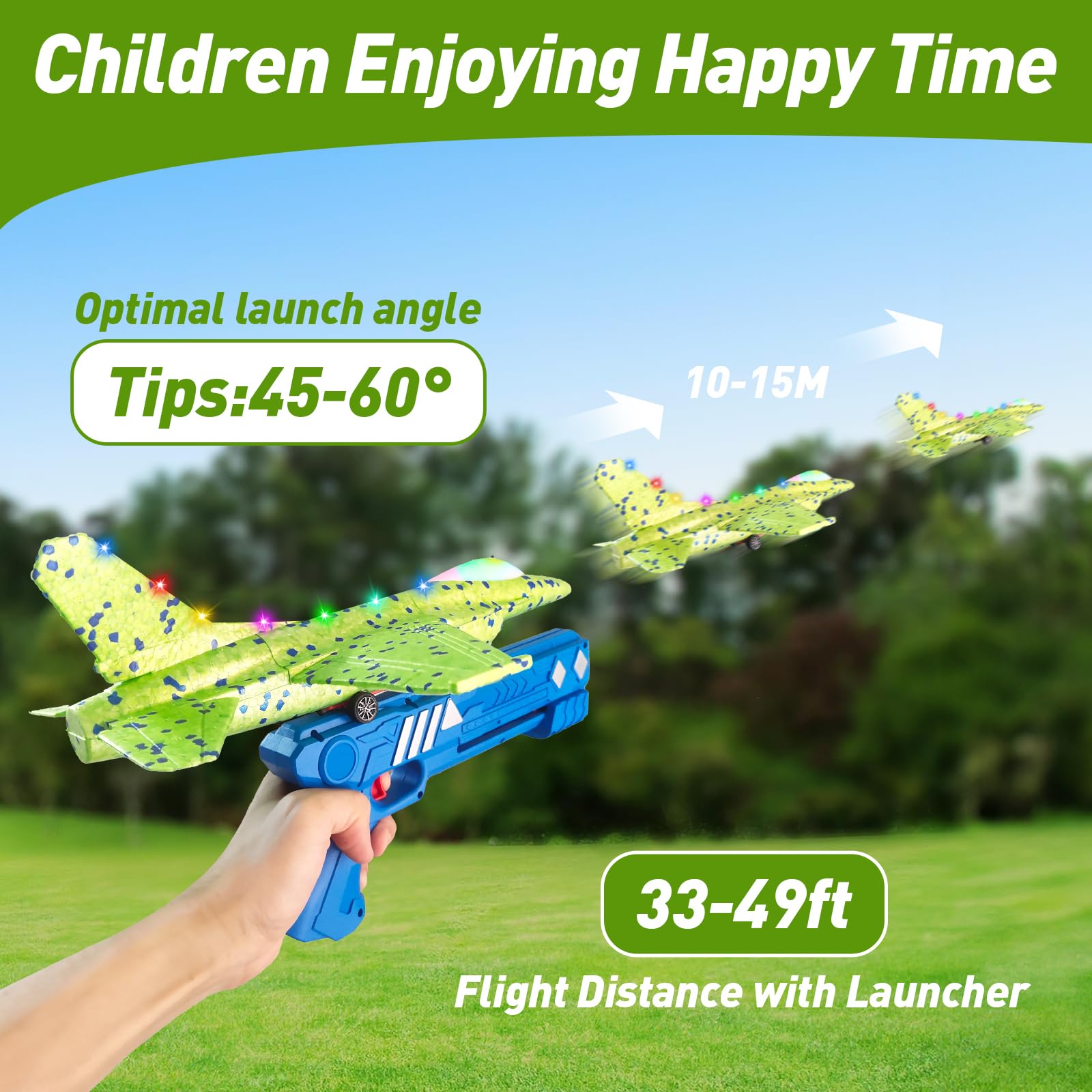 CRILARY 3-Pack Airplane Launcher Toys – 13.2-Inch LED F-15 Fighter Jets & Glider for Kids Ages 4-12