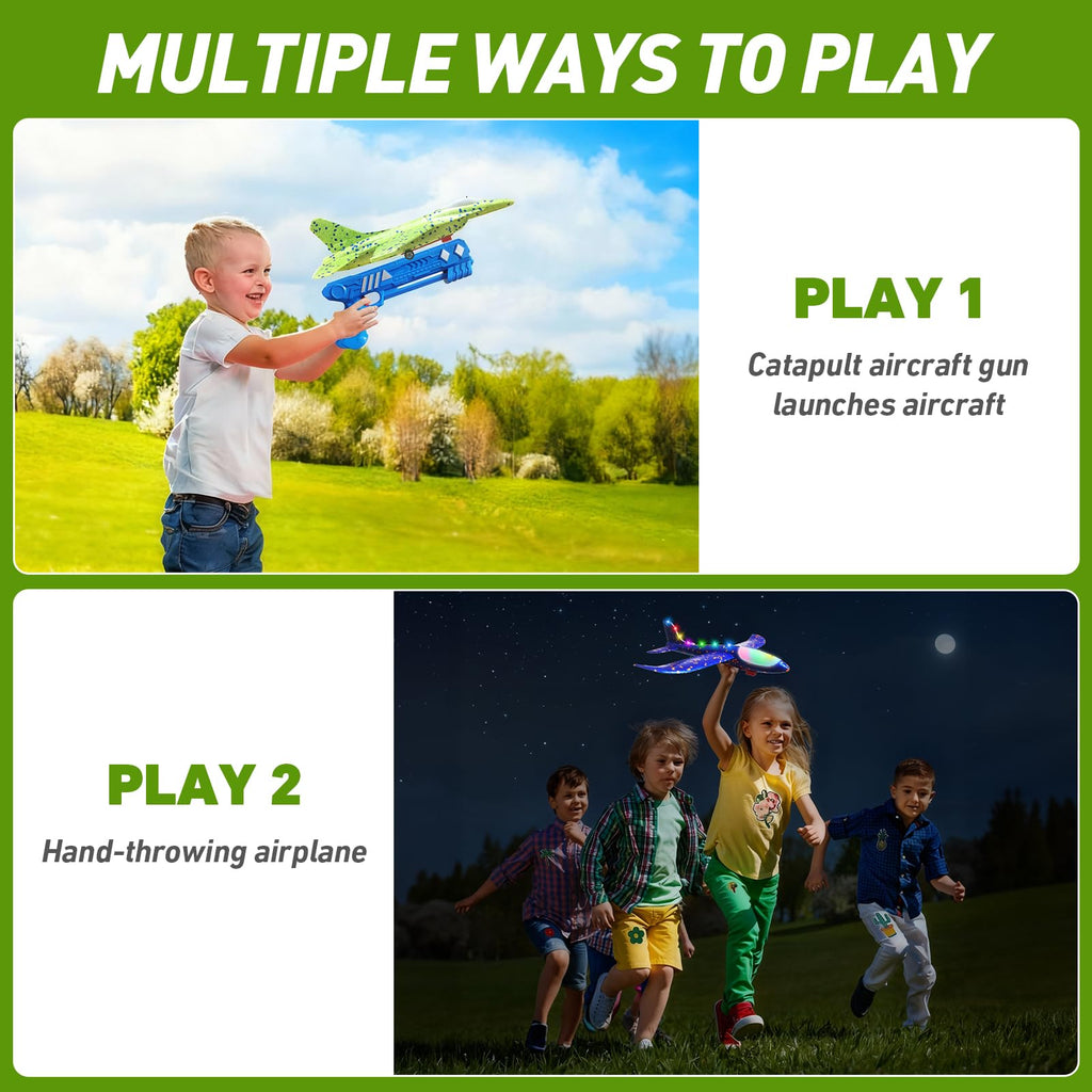 CRILARY 3-Pack Airplane Launcher Toys – 13.2-Inch LED F-15 Fighter Jets & Glider for Kids Ages 4-12