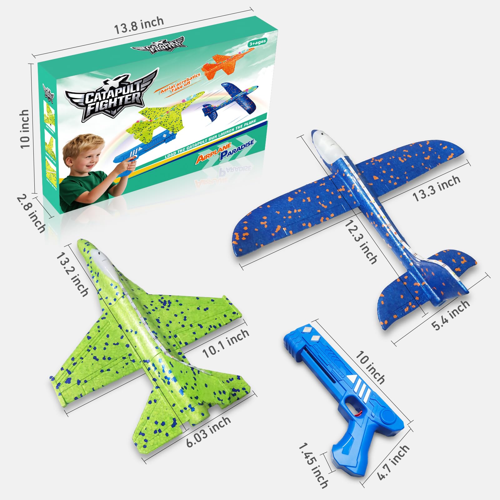 CRILARY 3-Pack Airplane Launcher Toys – 13.2-Inch LED F-15 Fighter Jets & Glider for Kids Ages 4-12