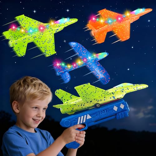 CRILARY 3-Pack Airplane Launcher Toys – 13.2-Inch LED F-15 Fighter Jets & Glider for Kids Ages 4-12