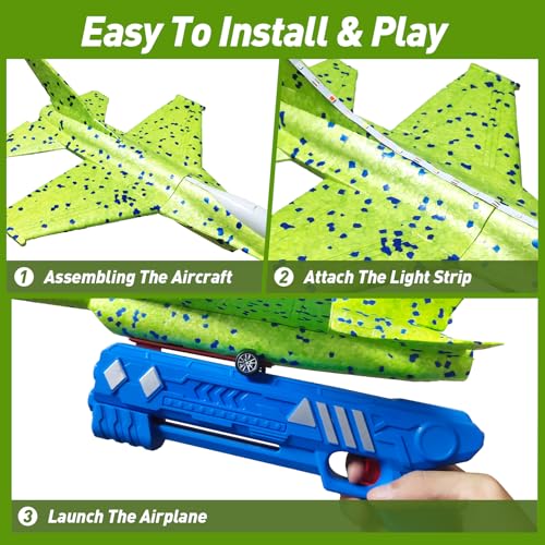 CRILARY 3-Pack Airplane Launcher Toys – 13.2-Inch LED F-15 Fighter Jets & Glider for Kids Ages 4-12