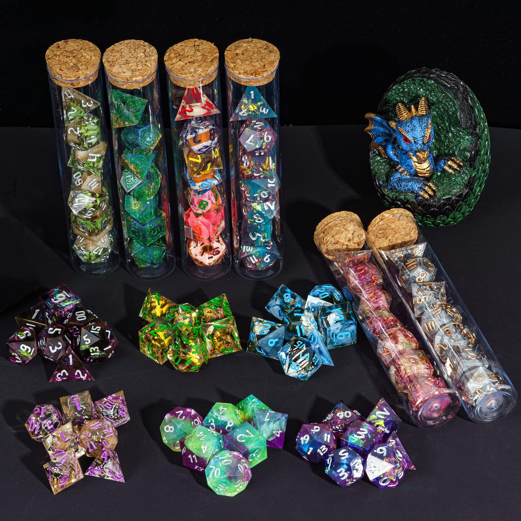 CRITALLIC 7-Piece Sharp Edge Resin Dice Mystery Set for D&D, Pathfinder, TTRPG