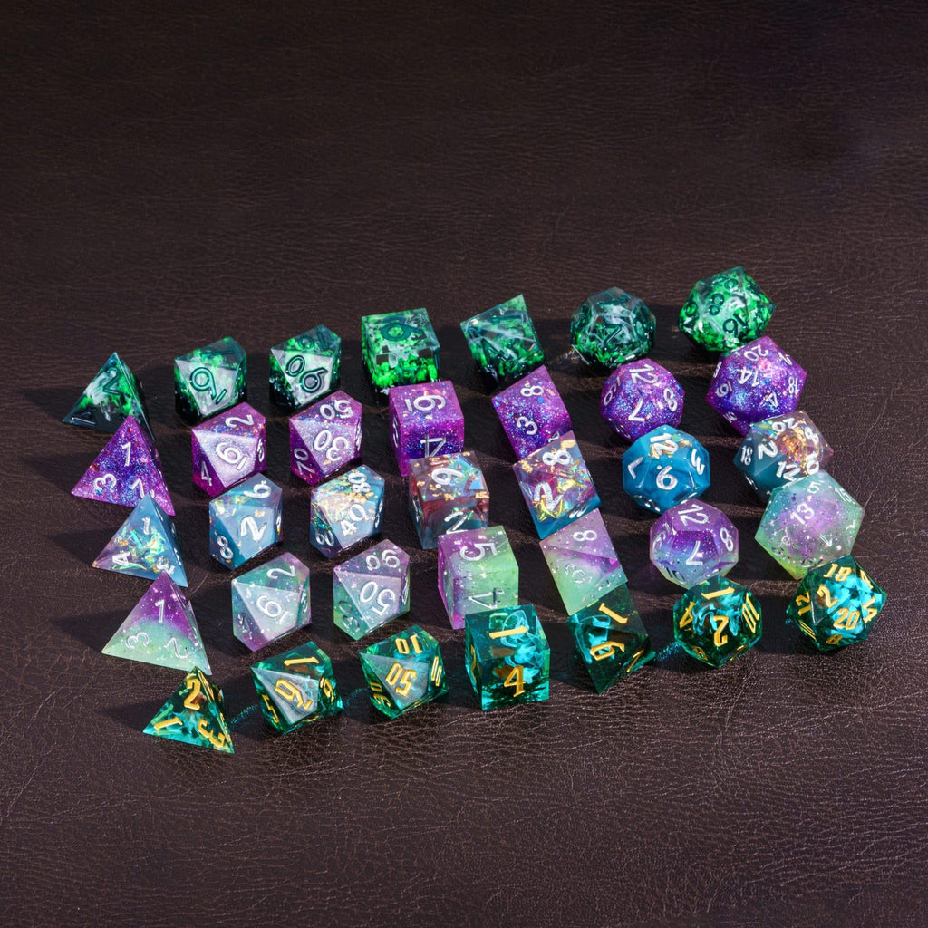 CRITALLIC 7-Piece Sharp Edge Resin Dice Mystery Set for D&D, Pathfinder, TTRPG