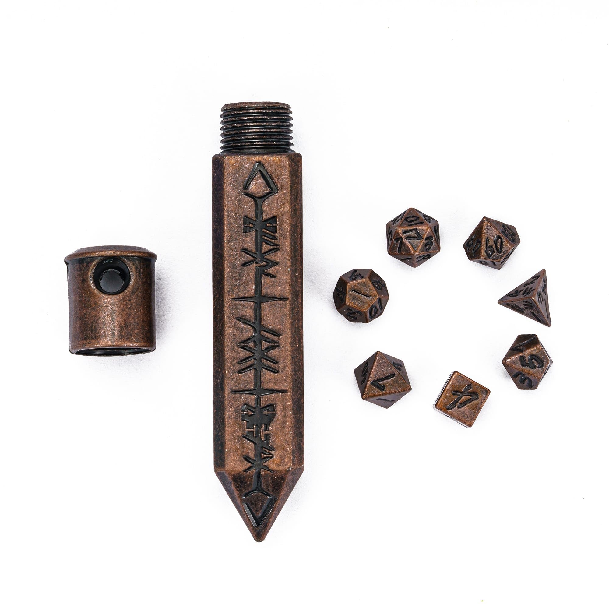 CRITALLIC Mini Metal Dice Set (7 Polyhedral Dice) with Rune Keychain Case - Red Copper