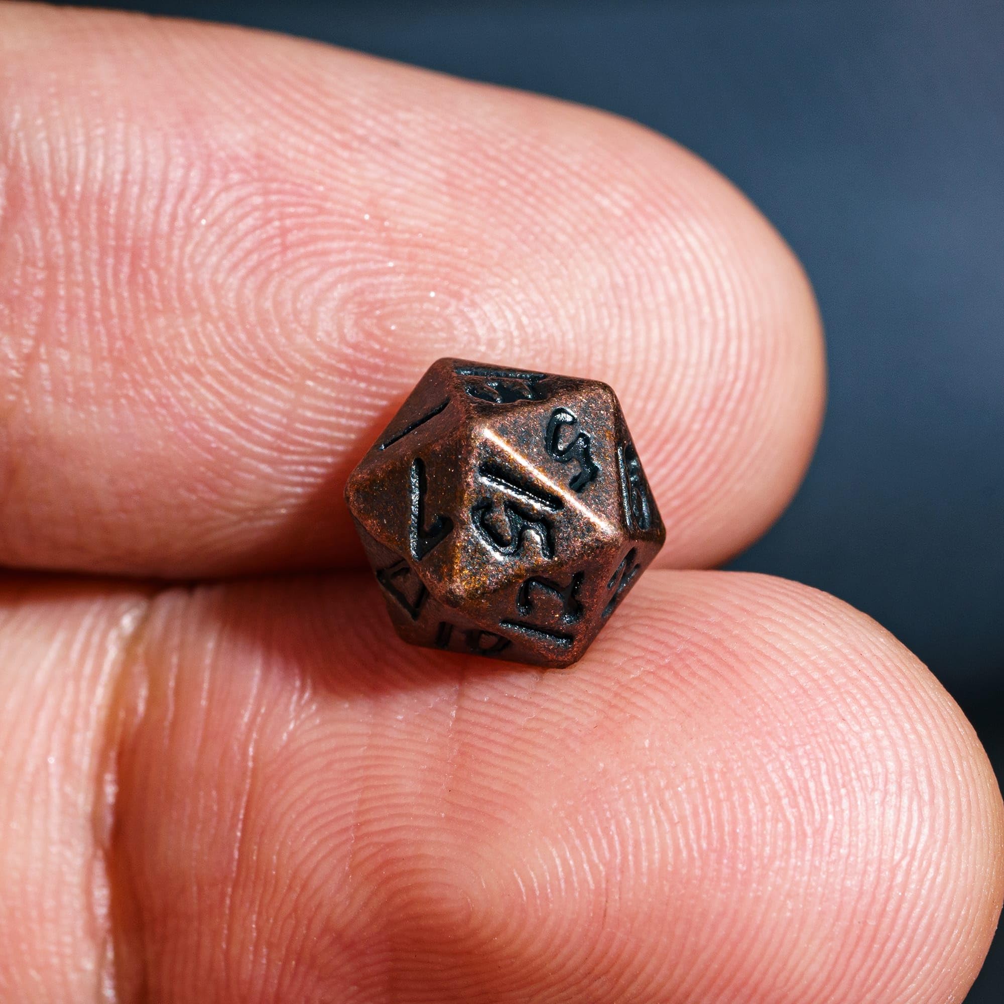 CRITALLIC Mini Metal Dice Set (7 Polyhedral Dice) with Rune Keychain Case - Red Copper