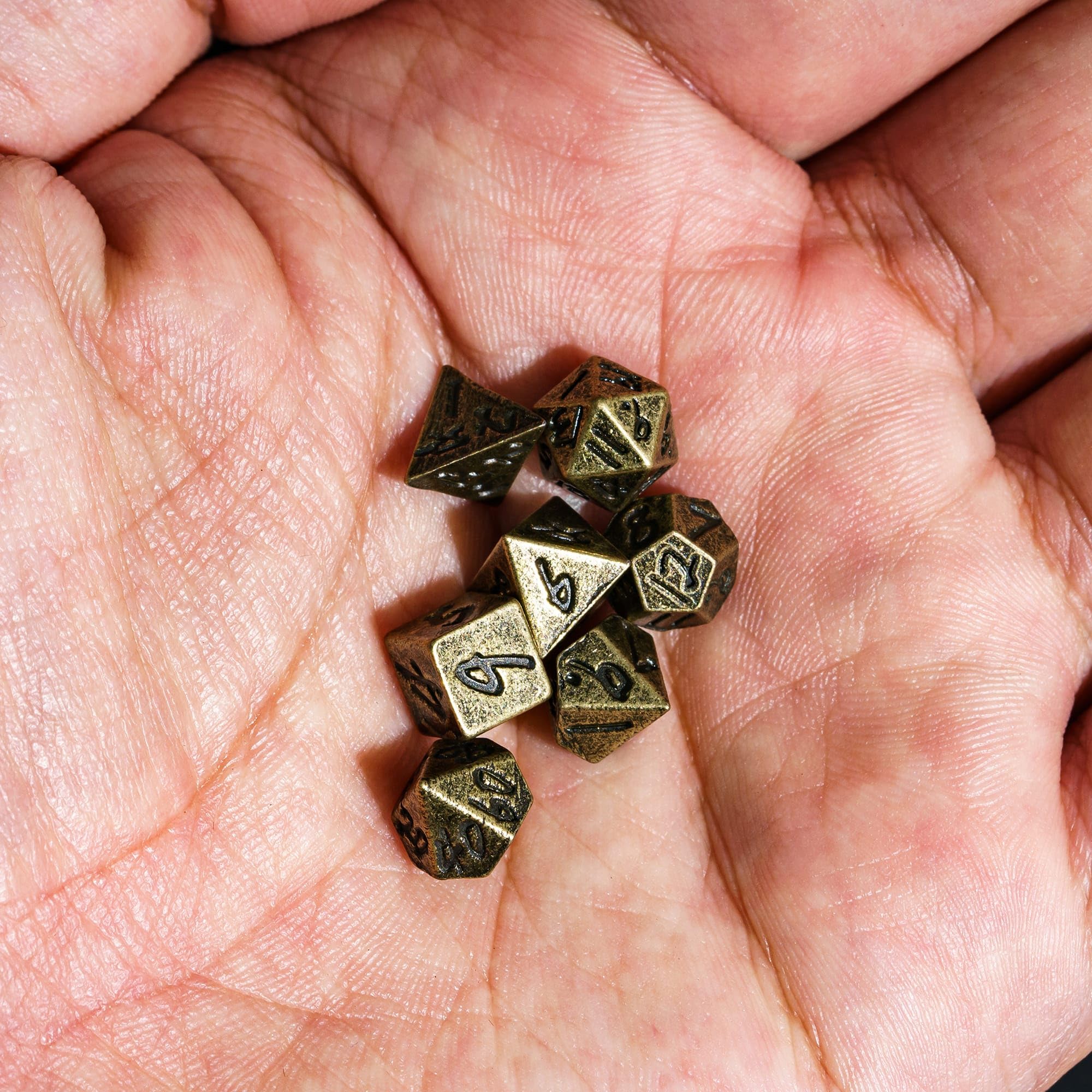 CRITALLIC Mini Metal Dice Set with Rune Keychain Case - 7 Polyhedral Dice for DND (Bronze)