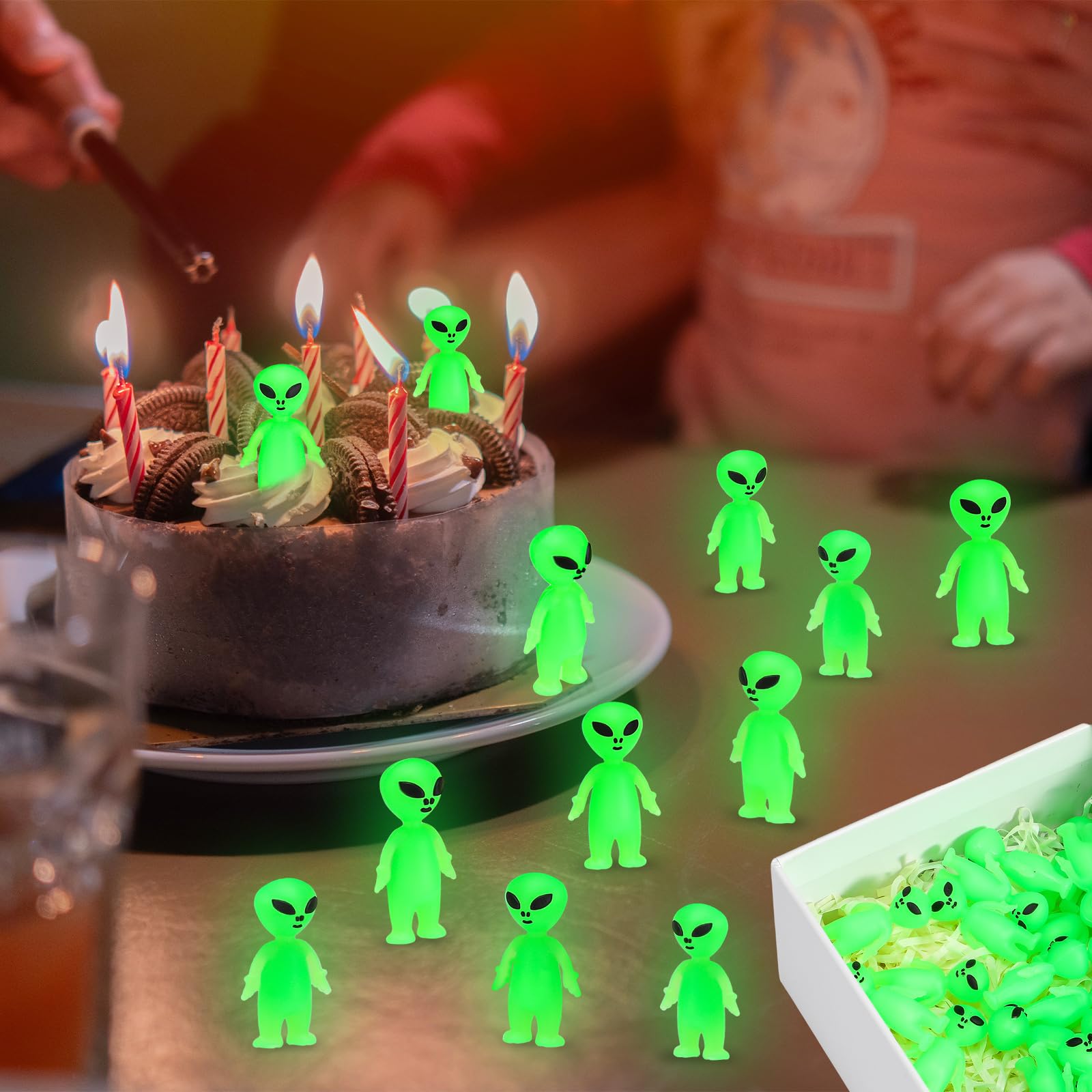 CroBlissful 50-Pack Glow-in-the-Dark Mini Alien Figurines - Green Tiny Aliens for Party Favors, Prank Toys, and Hide-and-Seek Games