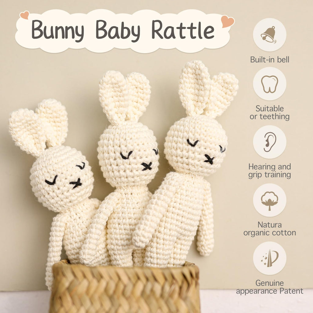 Crochet Bunny Rattle – Handmade Baby Toy with Soft Jingle for Sensory Development (White Bunny Doll)