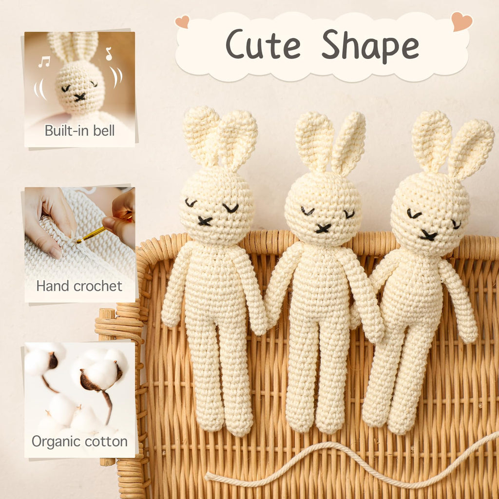 Crochet Bunny Rattle – Handmade Baby Toy with Soft Jingle for Sensory Development (White Bunny Doll)