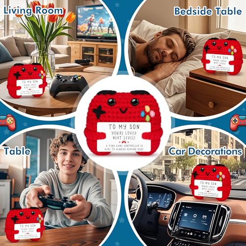 Crochet Game Controller Plush Gift with Inspirational Card - Handmade Soft Yarn Decor for Gamers, Son, Dad - Busy Gaming Life