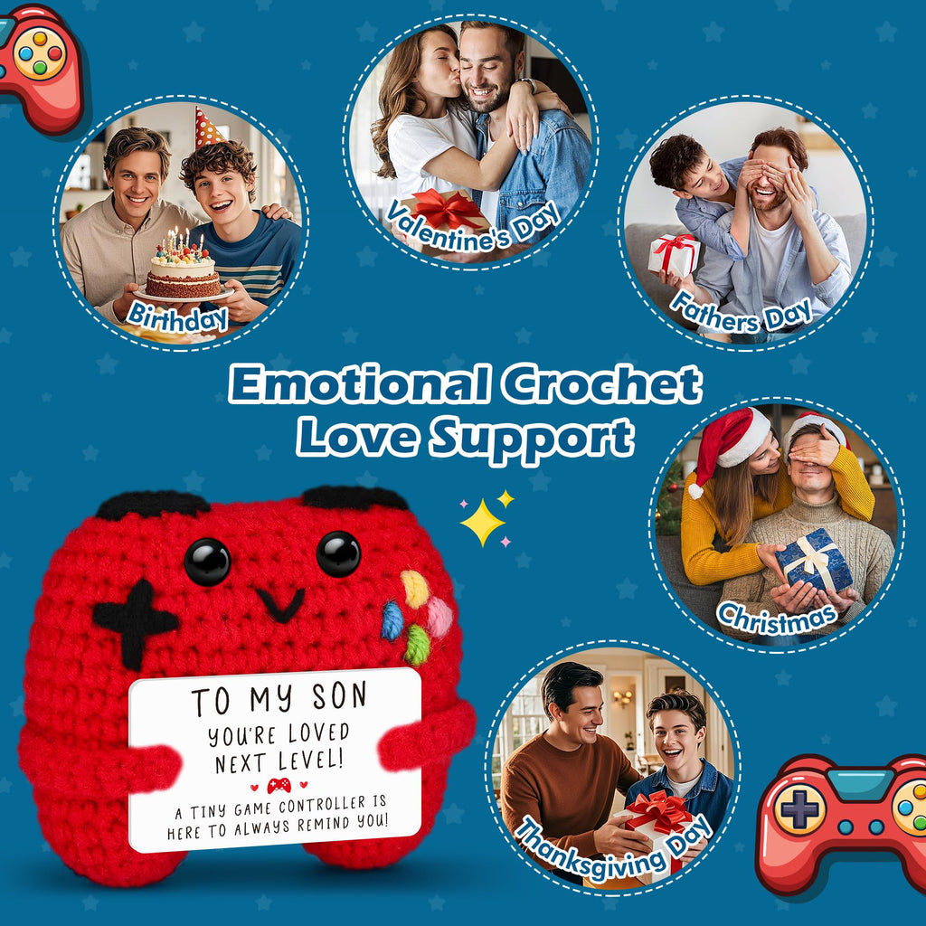 Crochet Game Controller Plush Gift with Inspirational Card - Handmade Soft Yarn Decor for Gamers, Son, Dad - Busy Gaming Life